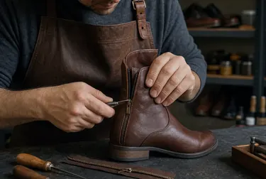 Sapateiro consertando o zíper de uma bota em Sinop.