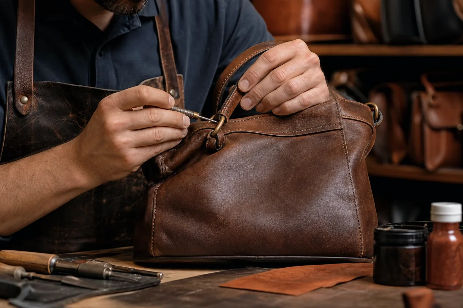Sapateiro reformando uma bolsa de couro em Sinop.